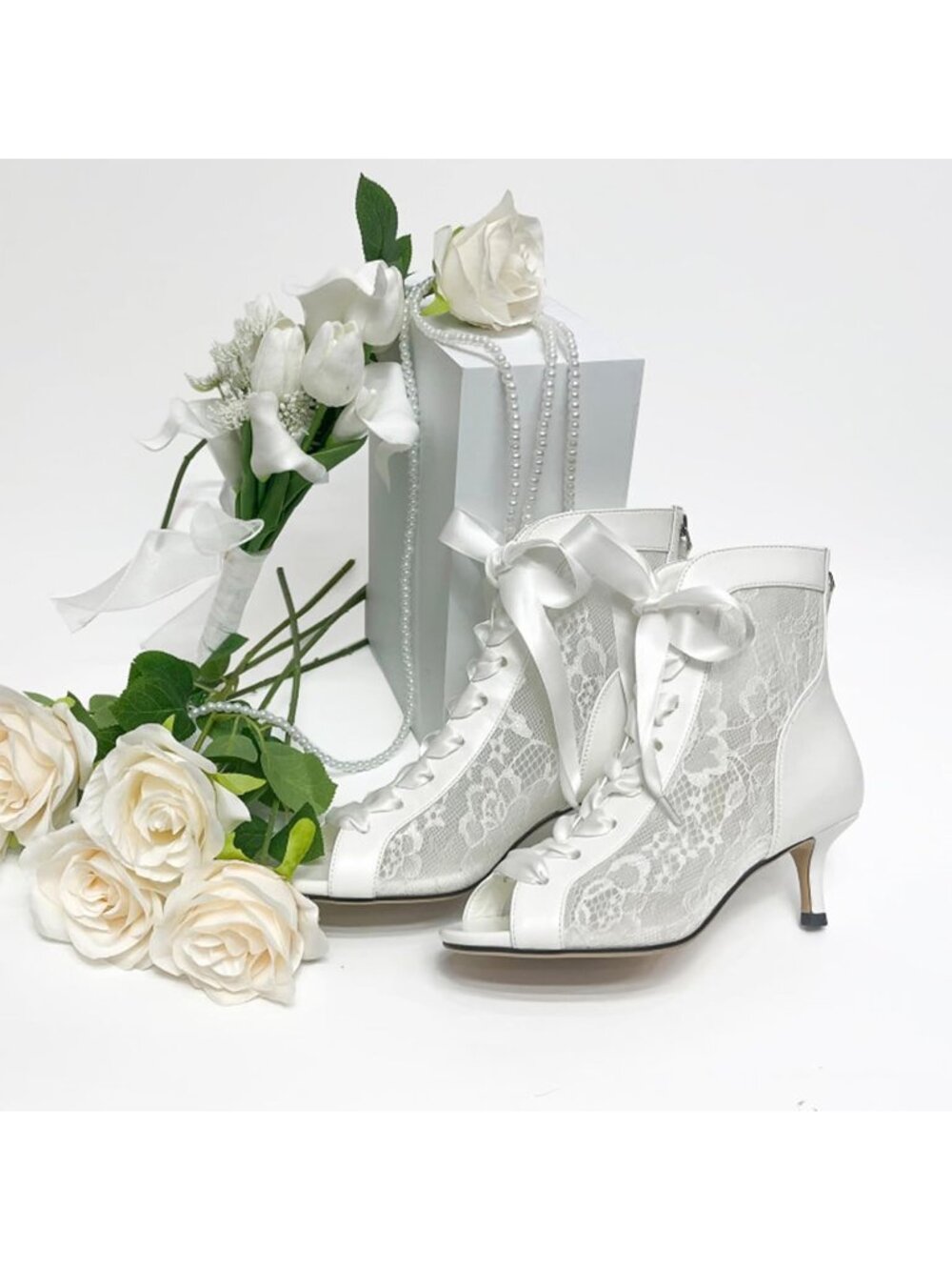 Women's White Mesh Lace Booties Lace Up Ankle Boots Open Toe Kitten Heels - Picture 4 of 6